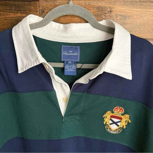 NWT Façonnable Men’s XXL Striped Rugby Polo Shirt Navy Green White Crest Logo - Picture 2 of 12
